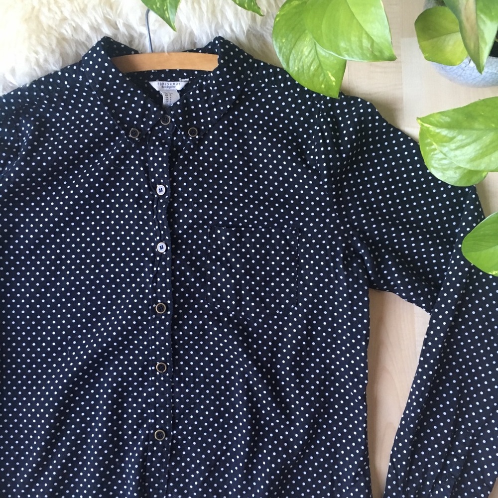 FOREVER 21 Polkadot Collar Long Shirt Black L
